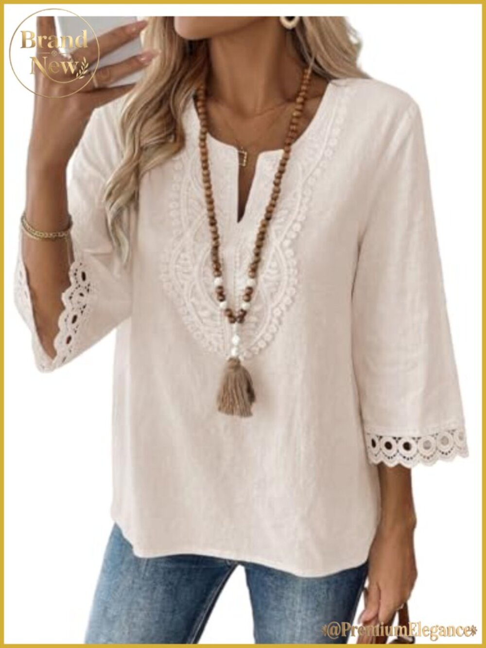 Womens Boho V-Neck 3/4 Sleeve Lace Trim Blouse Loose Fit Top
